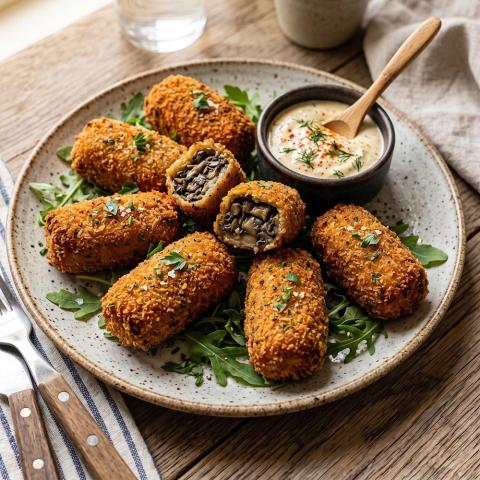 Plate of air fried croquettes filled with sauteed mushrooms