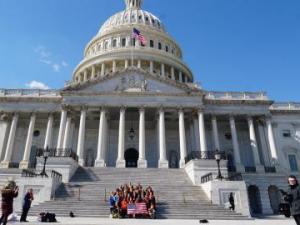 image is a picture of the United States Capitol Building. A group of NKF advocates wearing orange scarves stand on the building's steps holding an American flag.