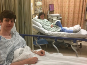 Andrew and donor mom happy after transplant surgery in hospital