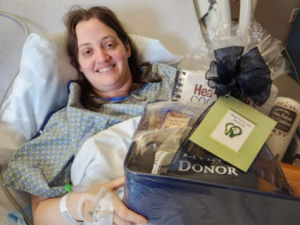 Cheyenne Severence with basket after kidney donor surgery 