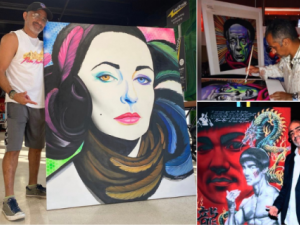 Marcus Suarez with his paintings; Pablo Picasso, Bruce Lee, and woman with headphones