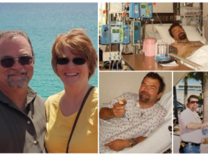 Collage: Tim and Shelly happily on vacation and Tim before and after kidney transplant surgery