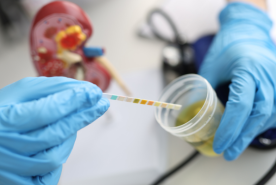 Doctor wearing medical gloves testing urine