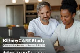 Husband and wife looking at the computer together in the kitchen, KidneyCARE Study Logo