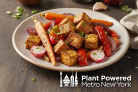 Balsamic Herb Tofu with Rainbow Roast Vegetables, Plant Powered Metro New York logo