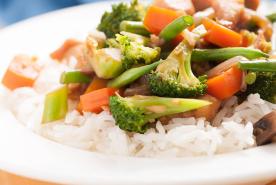 Chicken and mixed vegetable stir-fry with rice