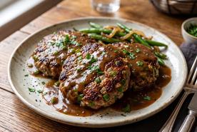 Beef patties cooked Salisbury Steak style with gravy