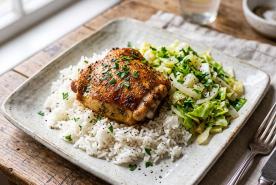 Roasted chicken thigh with cabbage and white rice