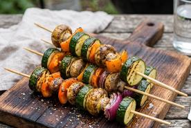 Grilled veggie kabobs with zucchini, peppers, mushrooms, red onions