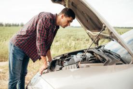 Un hombre con camisa a cuadros rojos y vaqueros revisa el motor de un coche con el capó abierto, de pie en un prado.