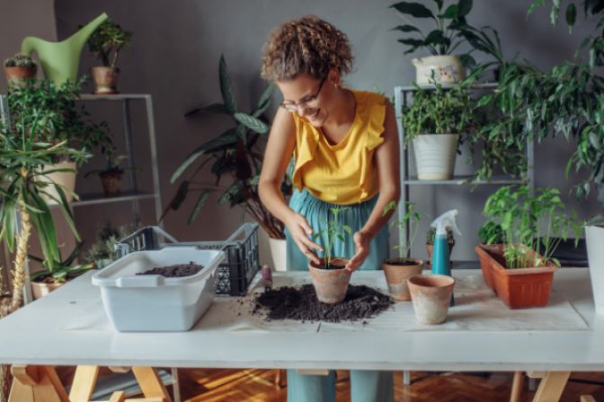 Person excitedly gardening at a table inside the house