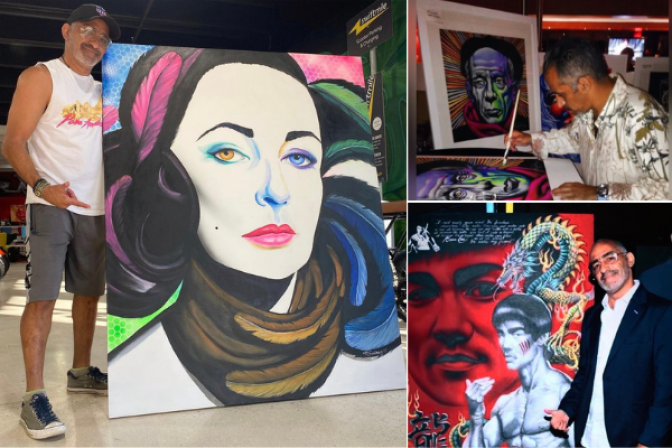Marcus Suarez with his paintings; Pablo Picasso, Bruce Lee, and woman with headphones