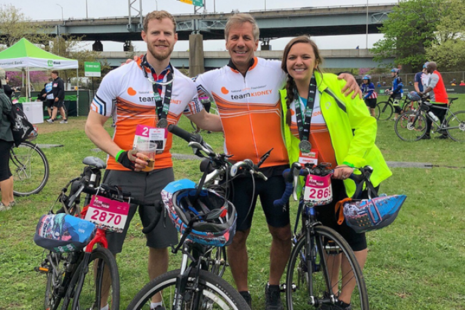 Three happy Team Kidney Moves members on bikes