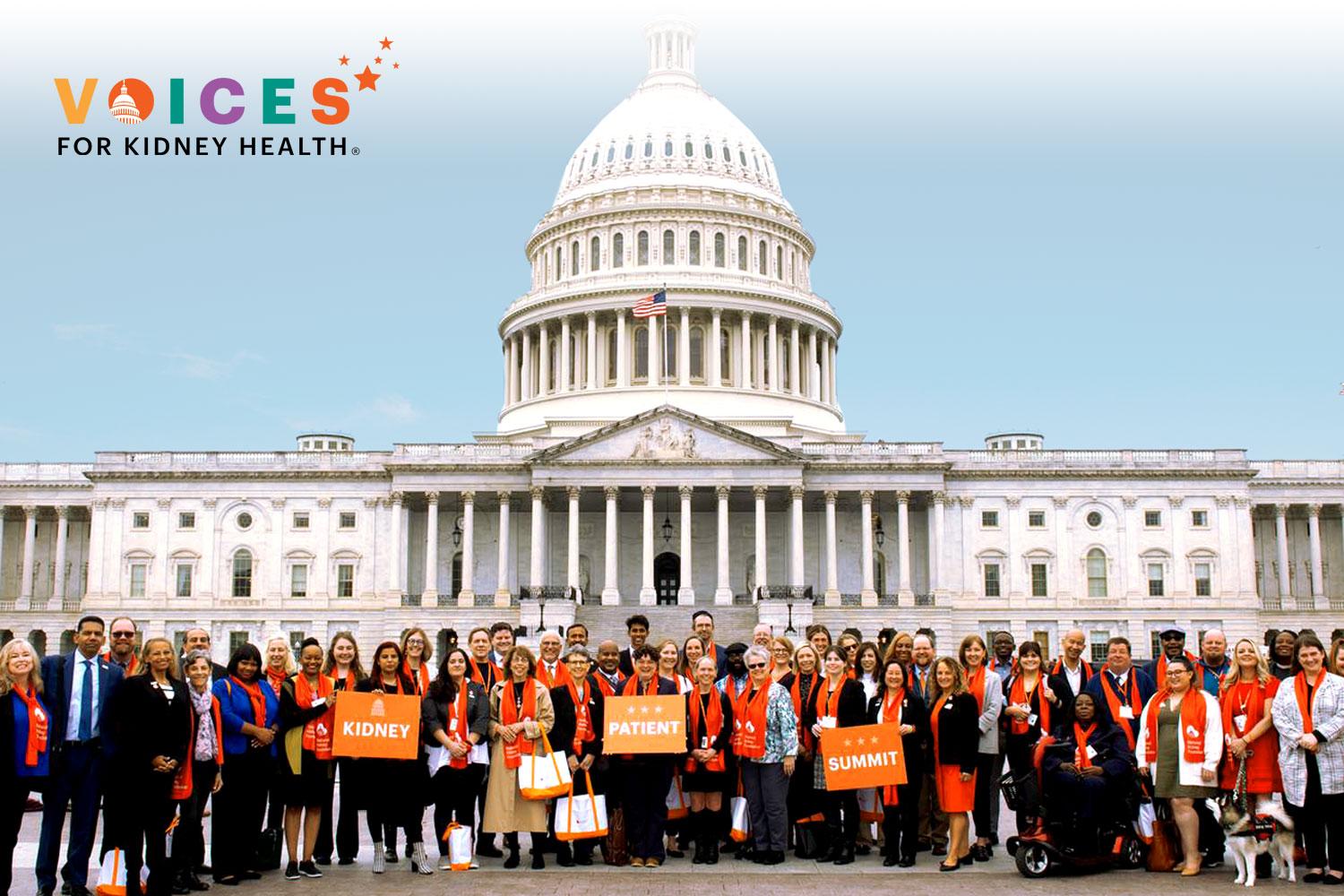  Kidney Patient Summit Attendee jumping for joy in front of the U.S. Capitol, with Voices for Kidney Health logo