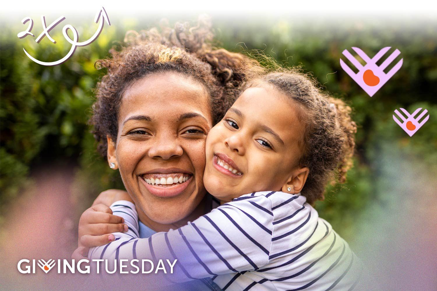 Mother and daughter hugging, Giving Tuesday logo