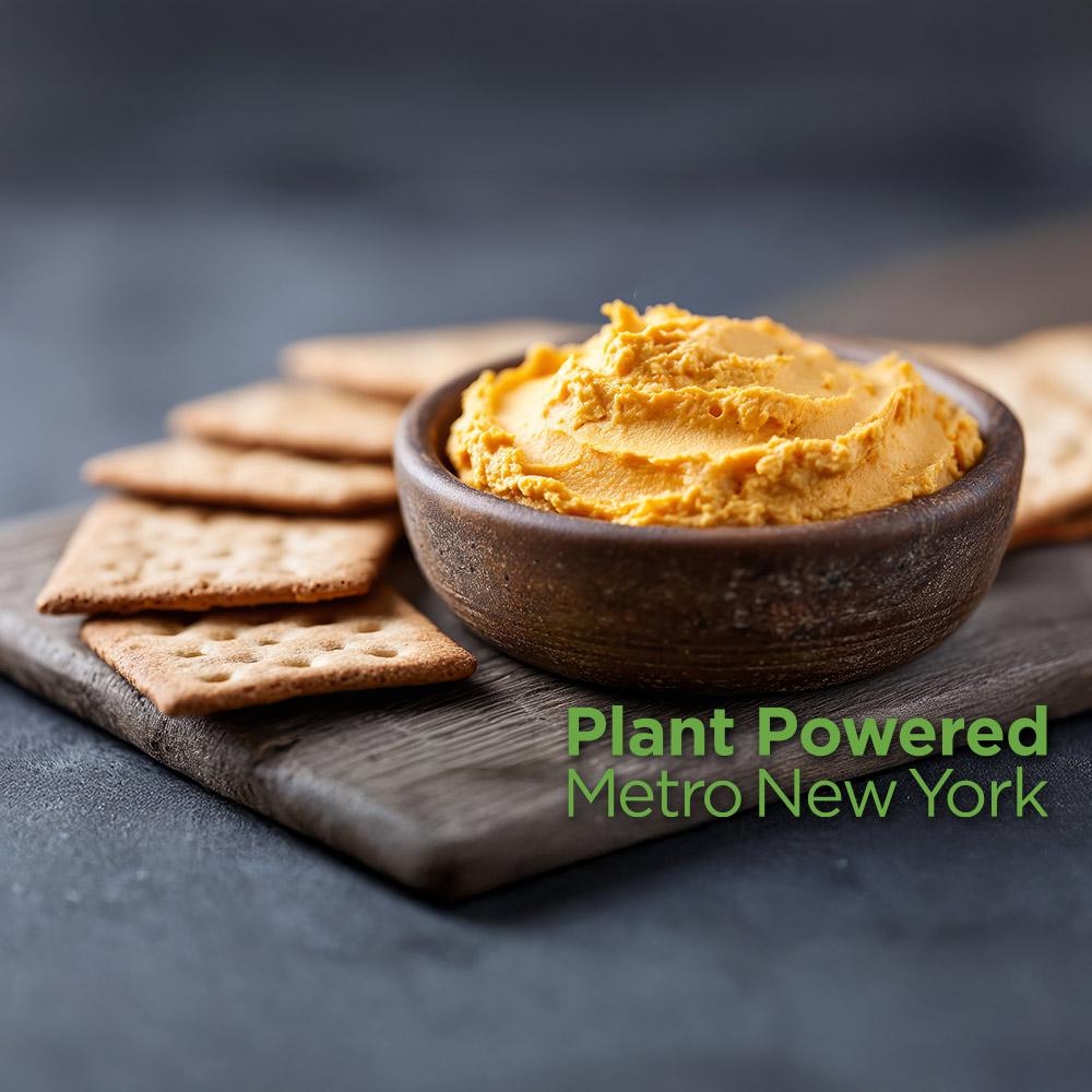 Apple Nut Vegan Pâté with a crackers, with Plant Powered Metro New York logo