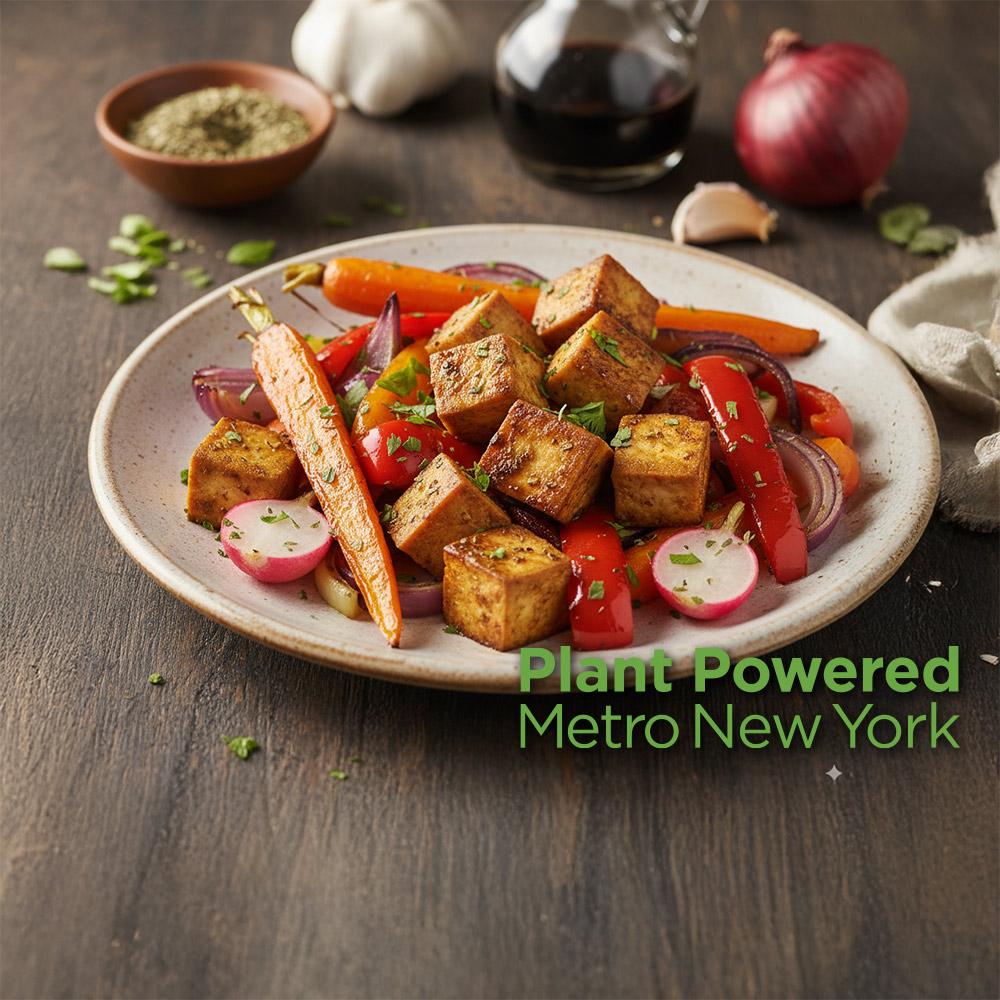 Glazed tofu and vegetables, with Plant Powered Metro New York logo