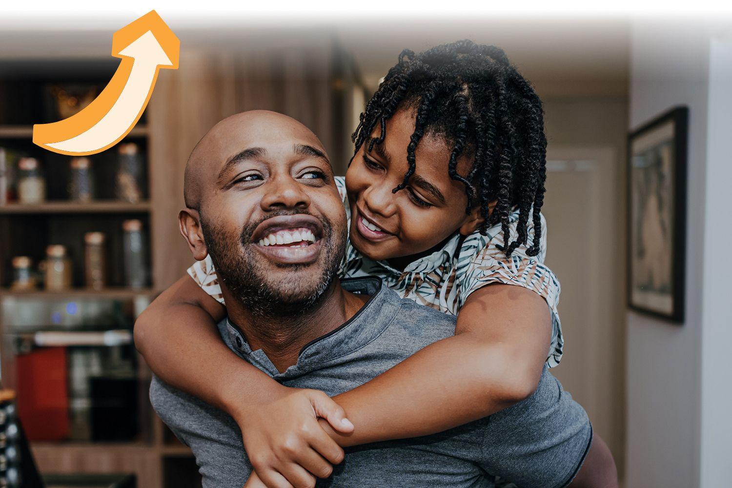 son hugging his dad, arrow pointing towards the CTA button