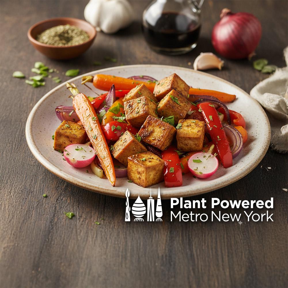 Balsamic Herb Tofu with Rainbow Roast Vegetables, Plant Powered Metro New York logo