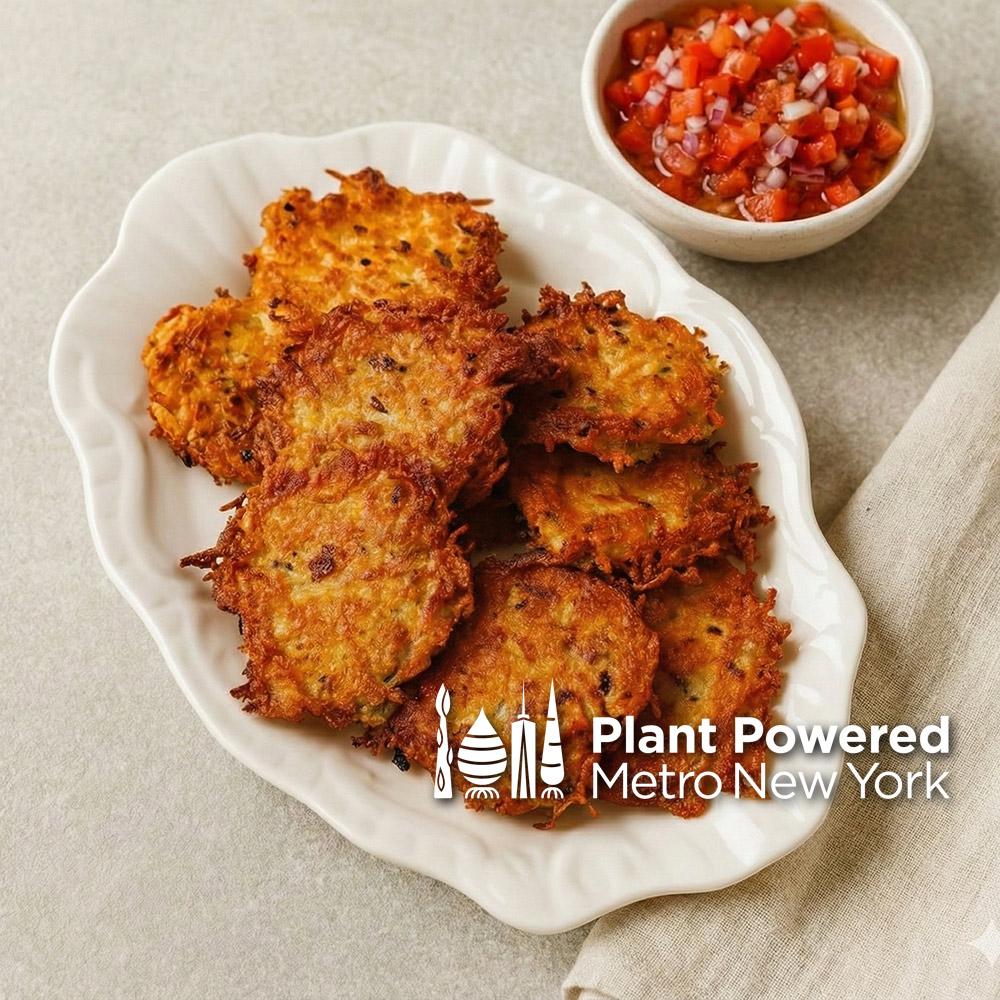 Turnip Latkes with Red Pepper Relish, Plant Powered Metro New York Logo