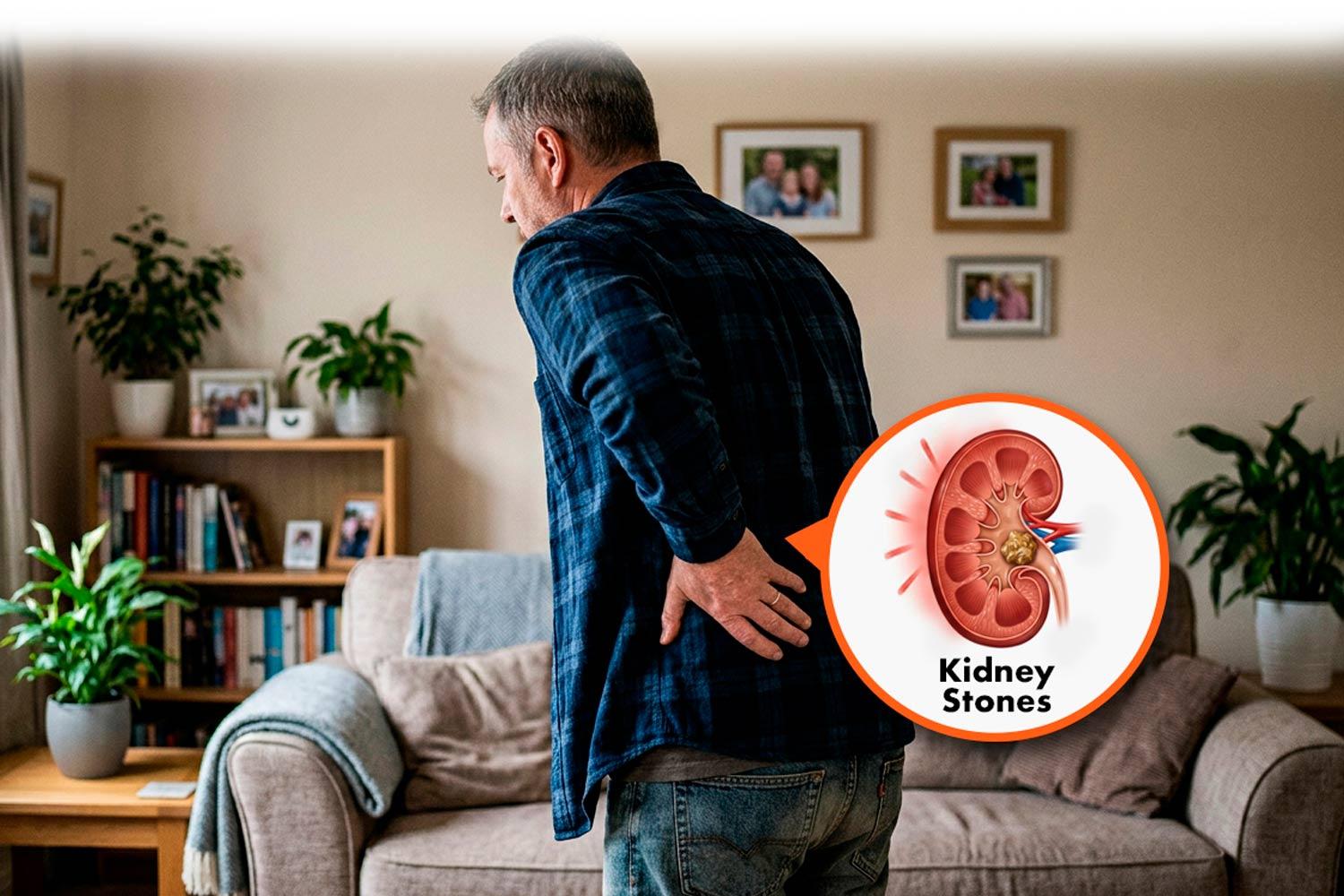 Man clutching his back with a pop-out graphic of a kidney stone