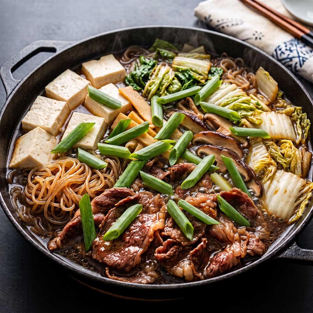 Sukiyaki de ternera al estilo japonés con tofu, fideos, setas shiitake, col y cebolletas