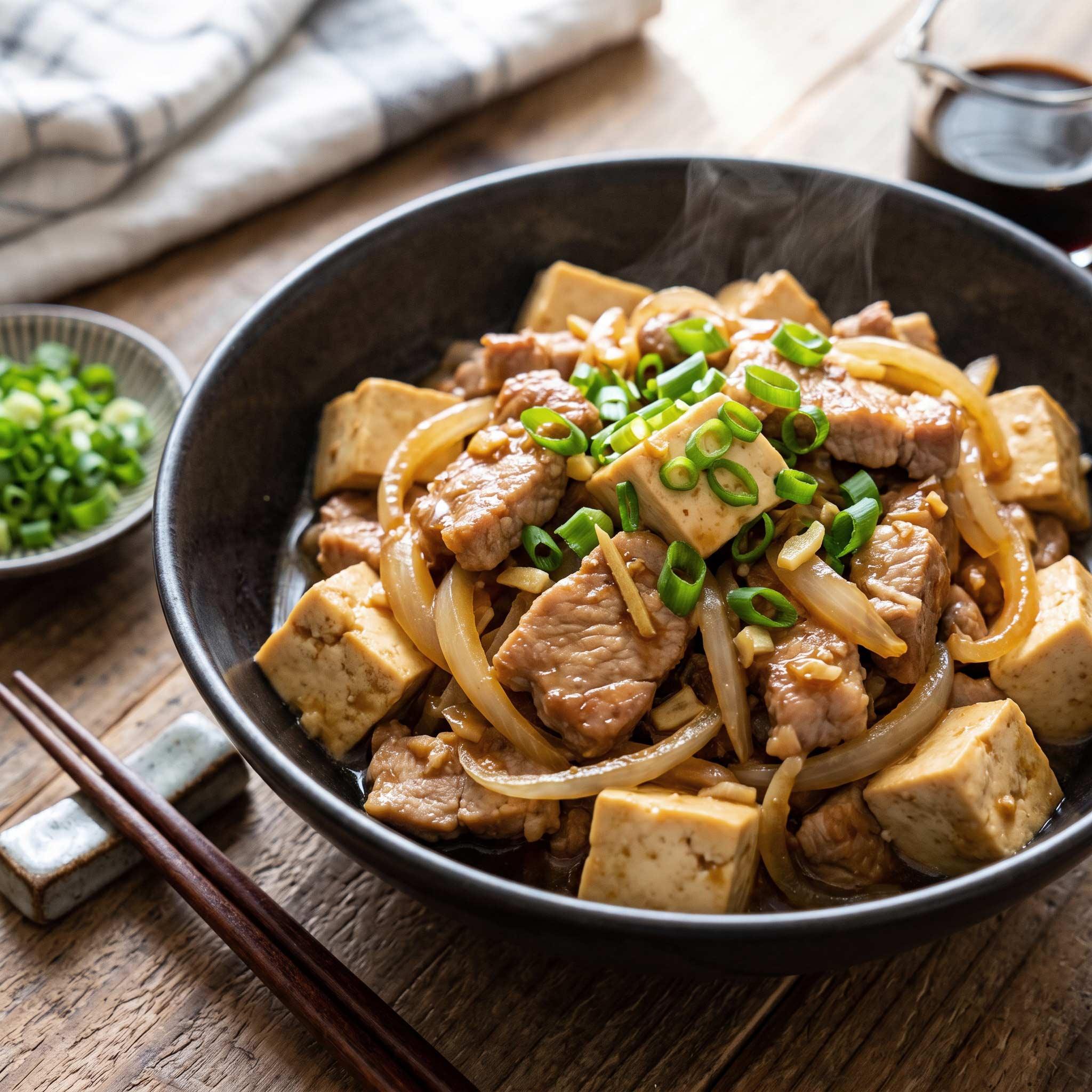 Plato al estilo japonés de carne de cerdo salteada con tofu, cebolla y cebollino
