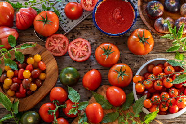 Variety of tomatoes sliced open on a cutting board