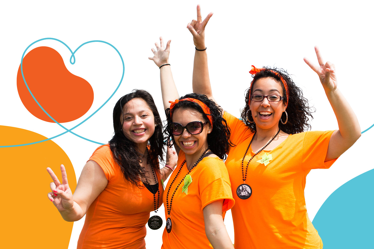 Three Kidney Walk participants cheering at a Walk event, surrounded by colorful graphics including a heart with a kidney bean